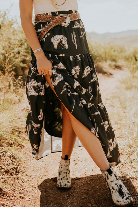 Tiered Ruffled Maxi Skirt with High Waist and Western Print