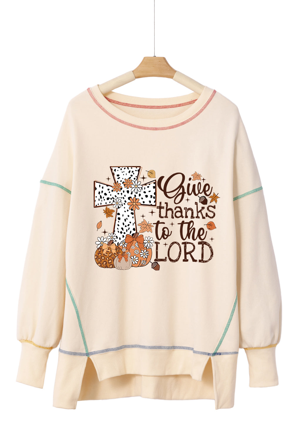 "Give Thanks to the LORD" Graphic High Low Hem Loose Sweatshirt