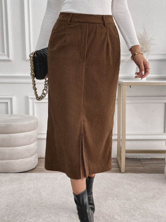 Cordory Slit Midi Skirt with Pockets