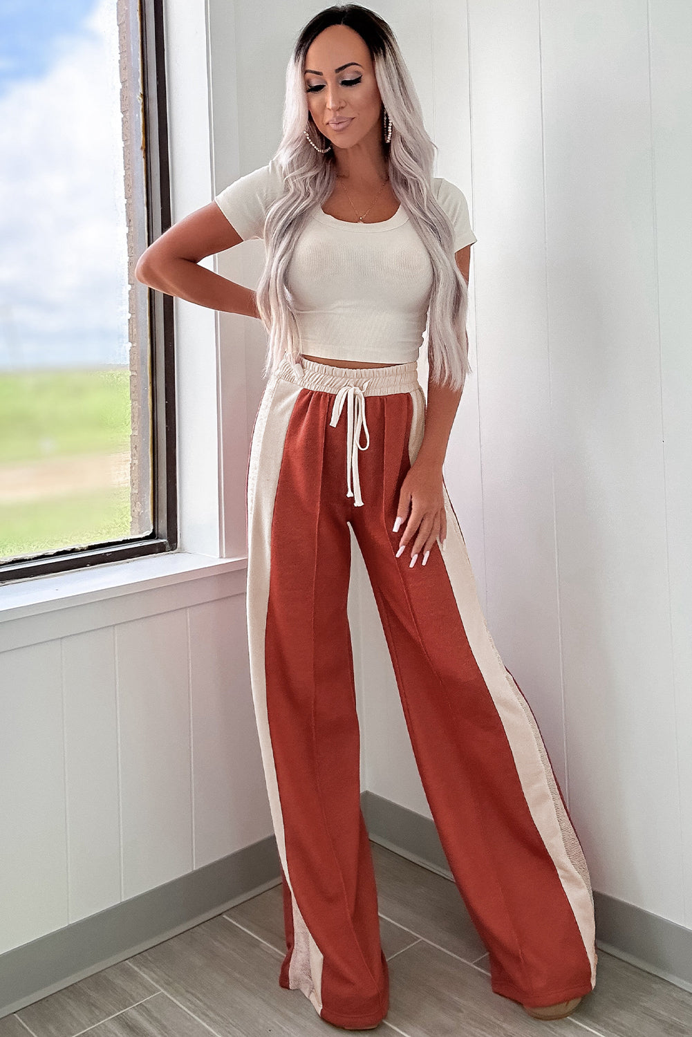 Color Block Drawstring High Waist Wide Leg Pants