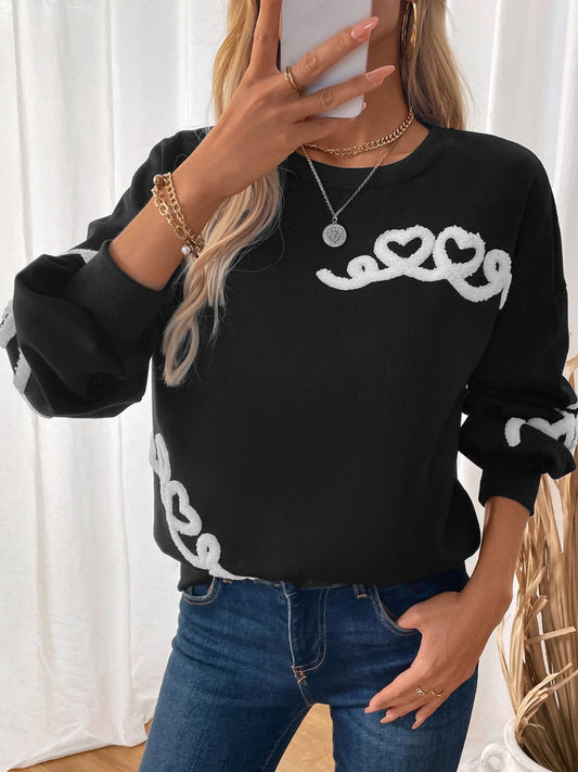 Heart Round Neck Long Sleeve Sweater