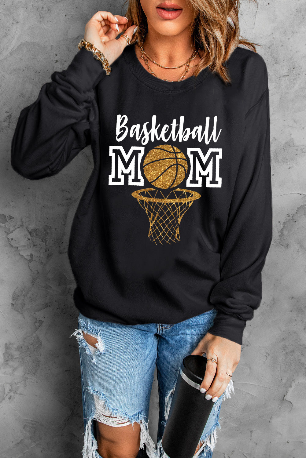 Basketball MOM Graphic Long Sleeve Round Neck Top