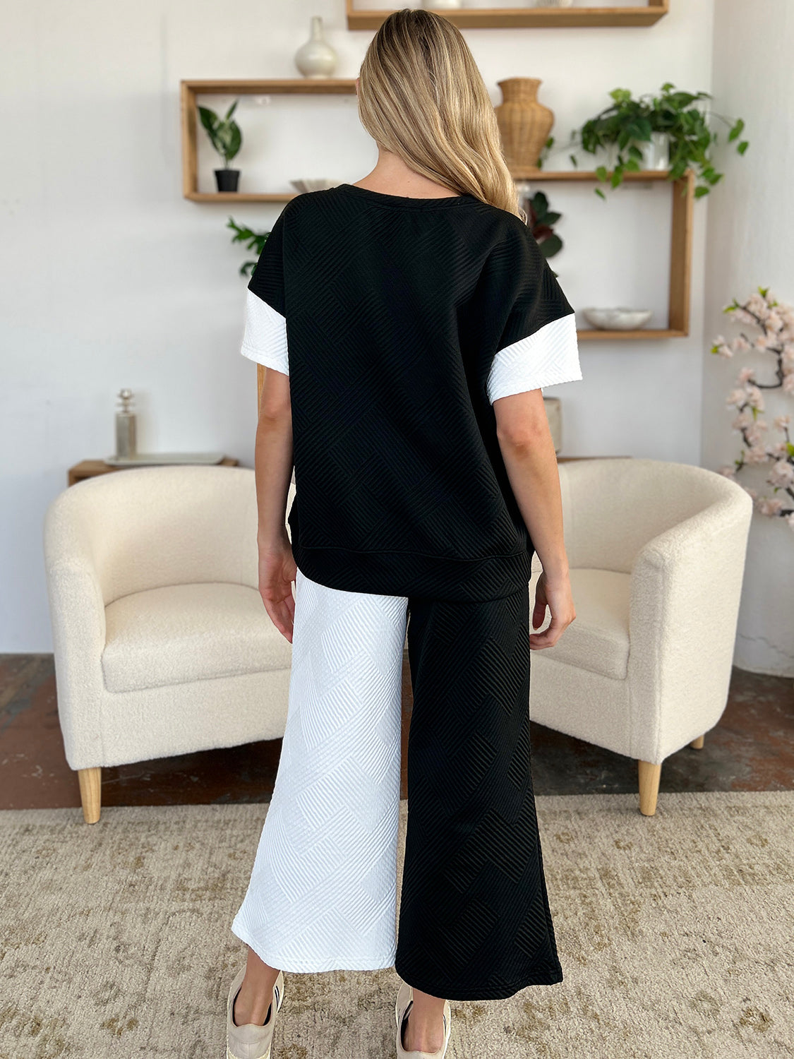 black and white Double Take Full Size Texture Contrast T-Shirt and Wide Leg Pants Set