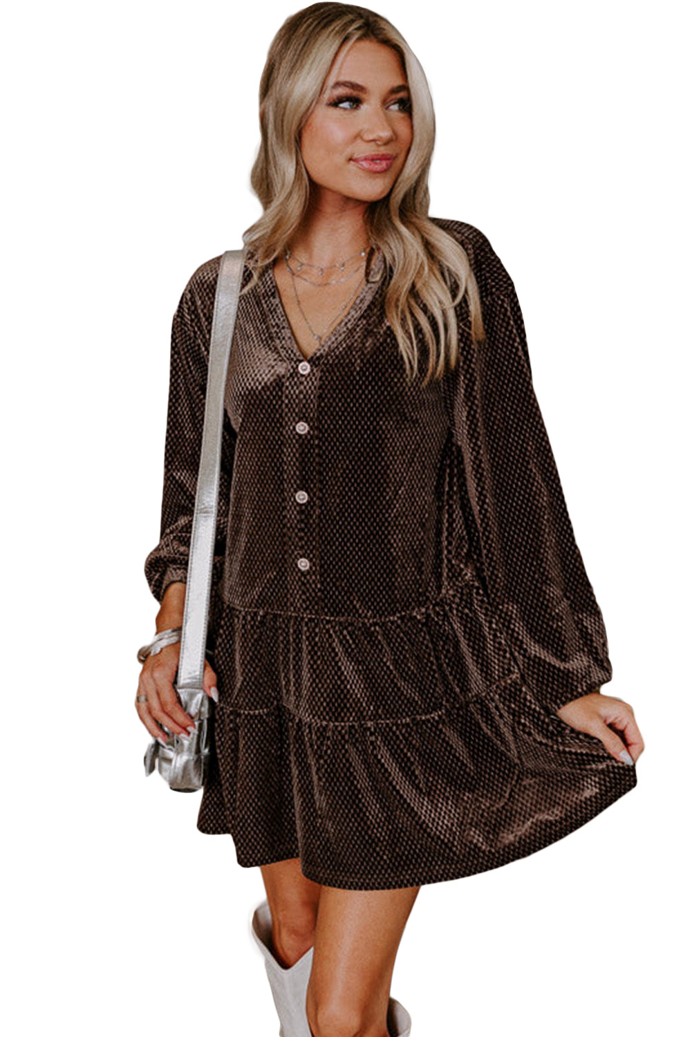 Dark Brown Textured Velvet V Neck Button Mini Dress