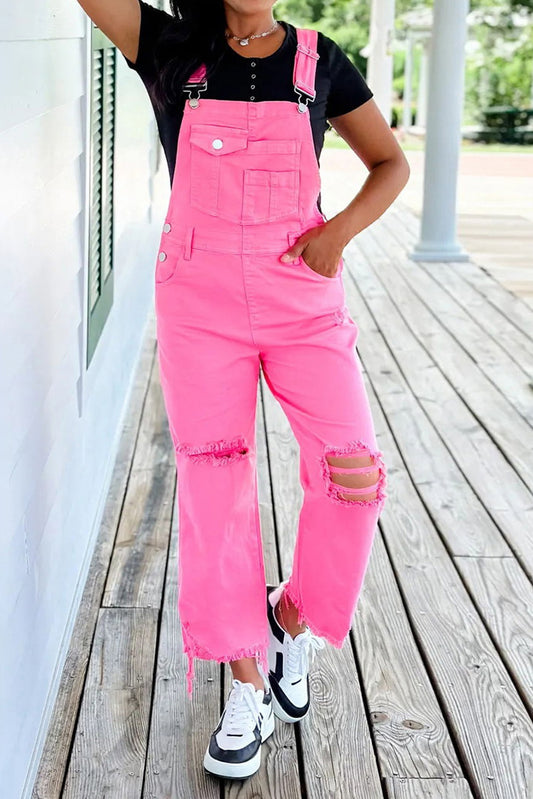 HOT PINK Fun Distressed Denim Cropped Overalls