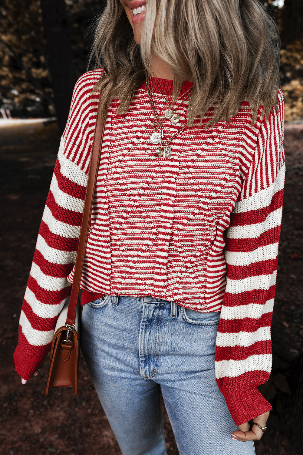 Brown Stripe Geometric Textured Drop Shoulder Sweater