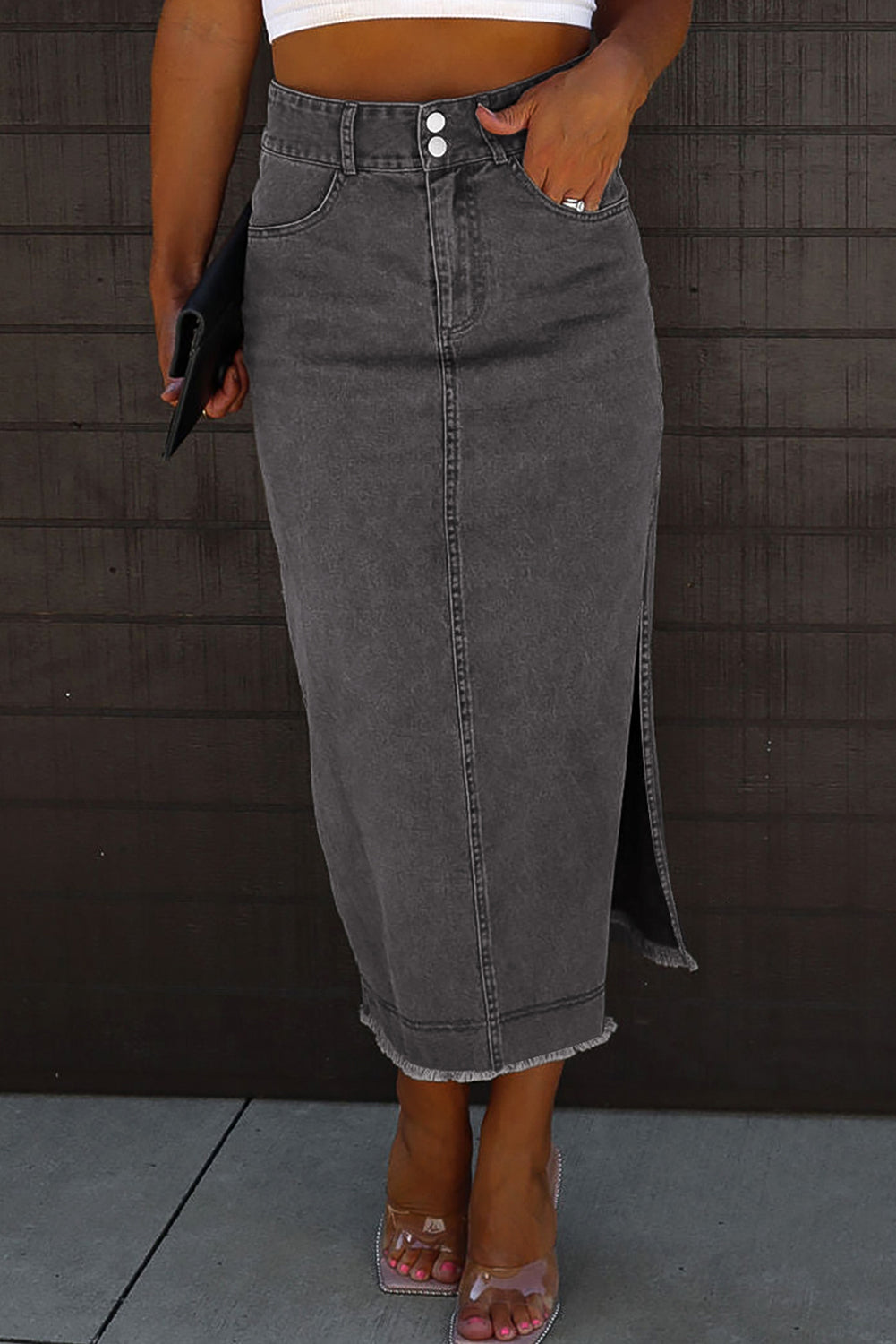 High Waist Raw Hem Skirt with Metal Buttons and Side Slits