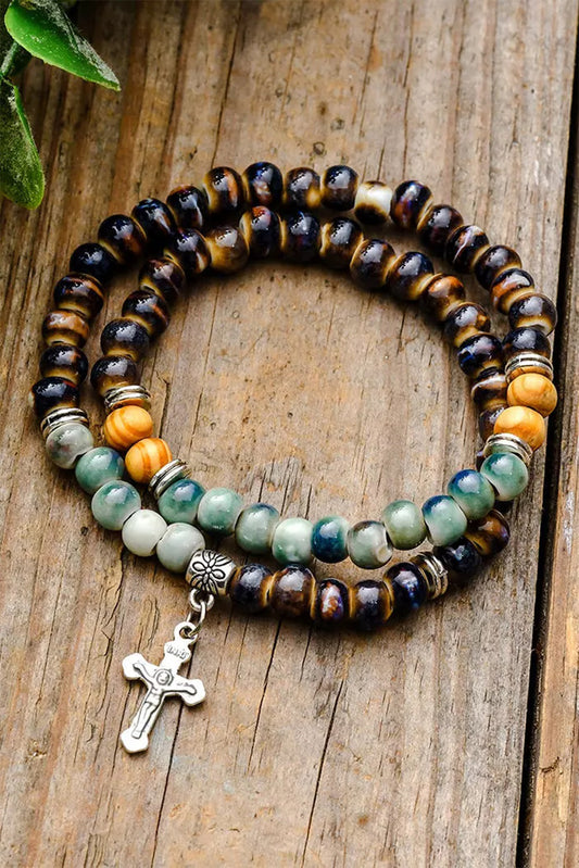 Vintage Double-Layered Bracelet with Beads and Metal Cross