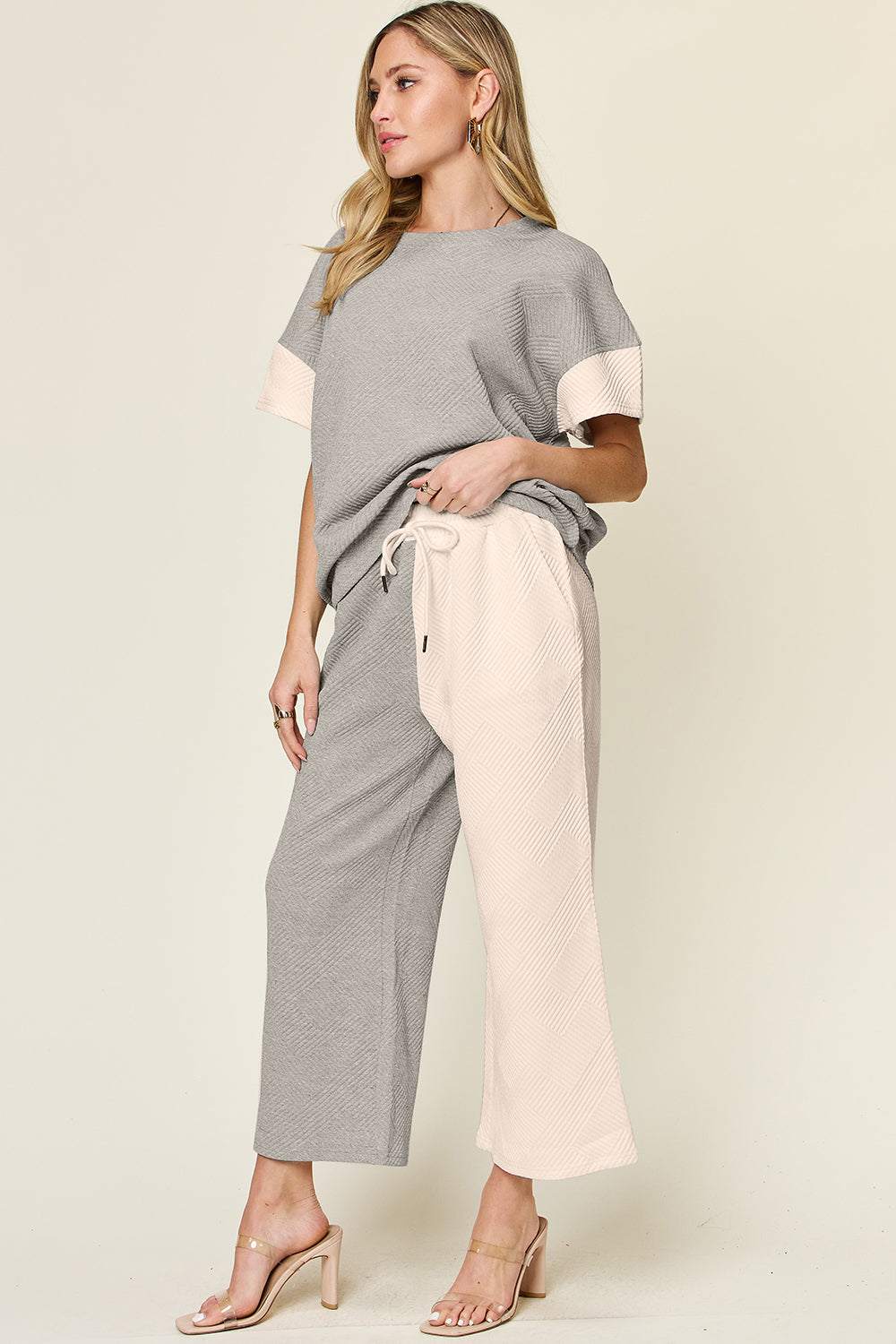 black and white Double Take Full Size Texture Contrast T-Shirt and Wide Leg Pants Set