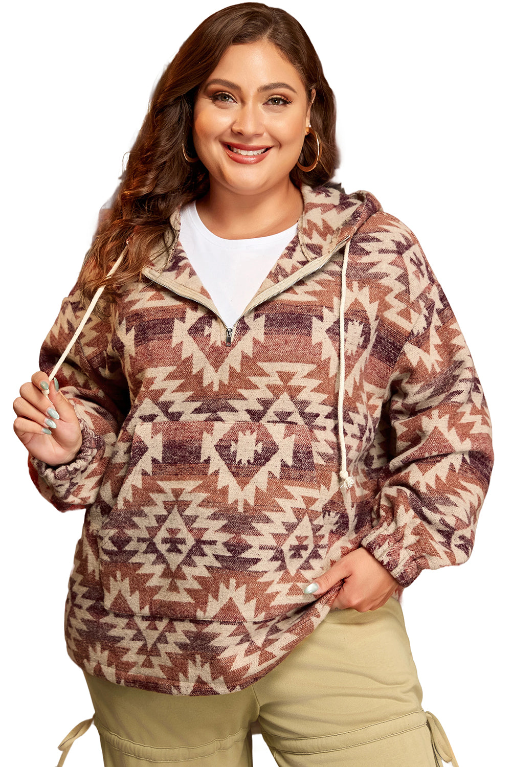 Western Fashion Aztec Patterned Half Zip High Neck Hoodie