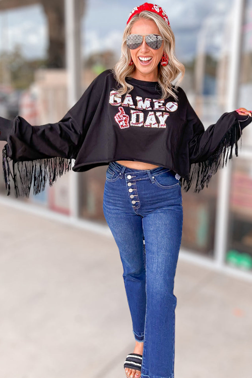 "GAME DAY" Cropped Sweatshirt with Sequins & Tassels