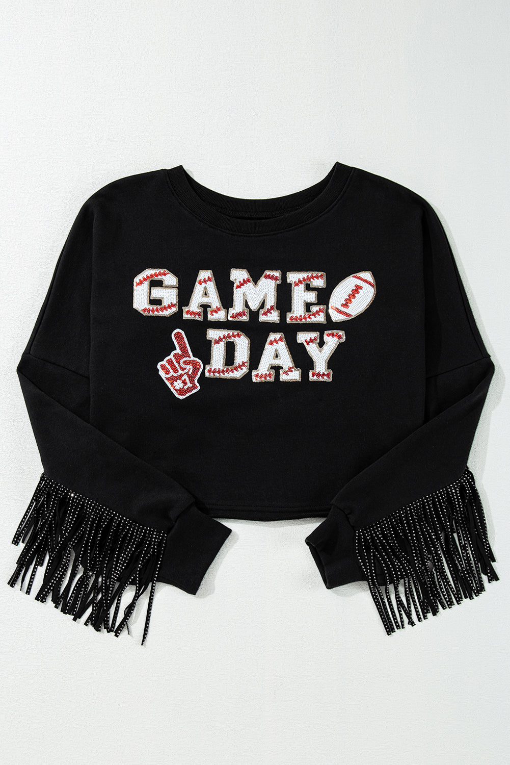 "GAME DAY" Cropped Sweatshirt with Sequins & Tassels