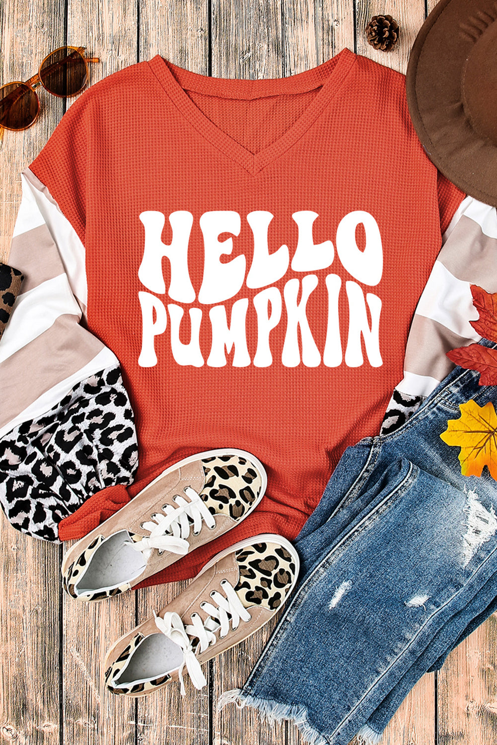 "Hello Pumpkin" Graphic Leopard Striped Colorblock Top