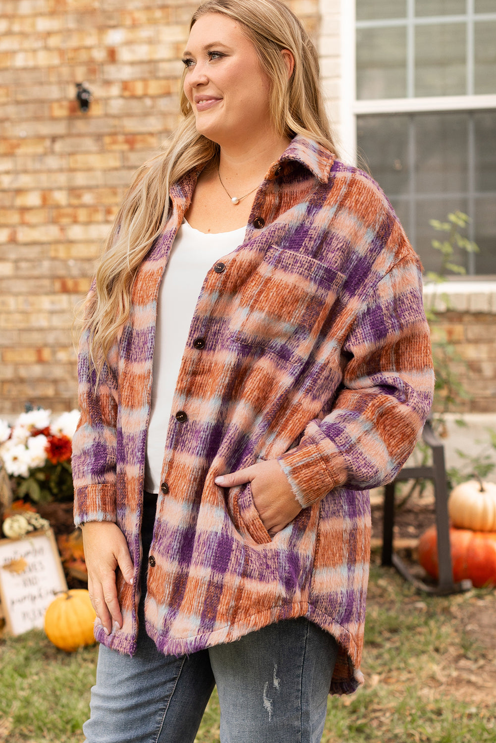 Plus Size Plaid Print Collared Button Up Jacket