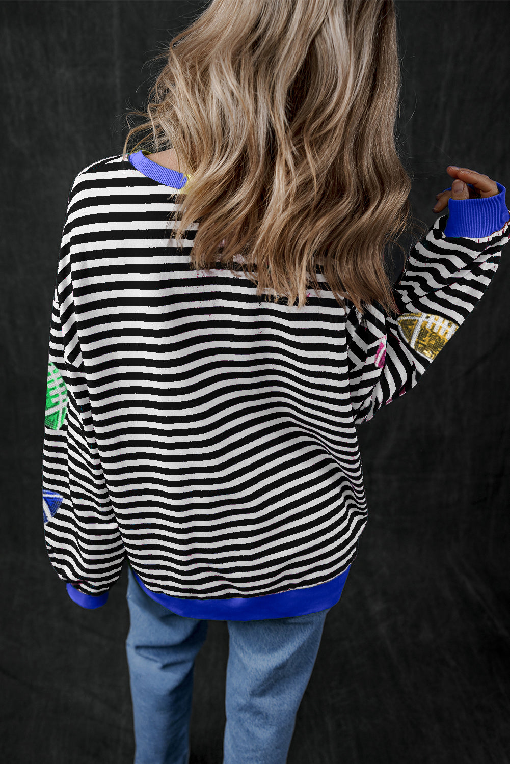 Black Stripe Sequin Football Pullover Sweatshirt