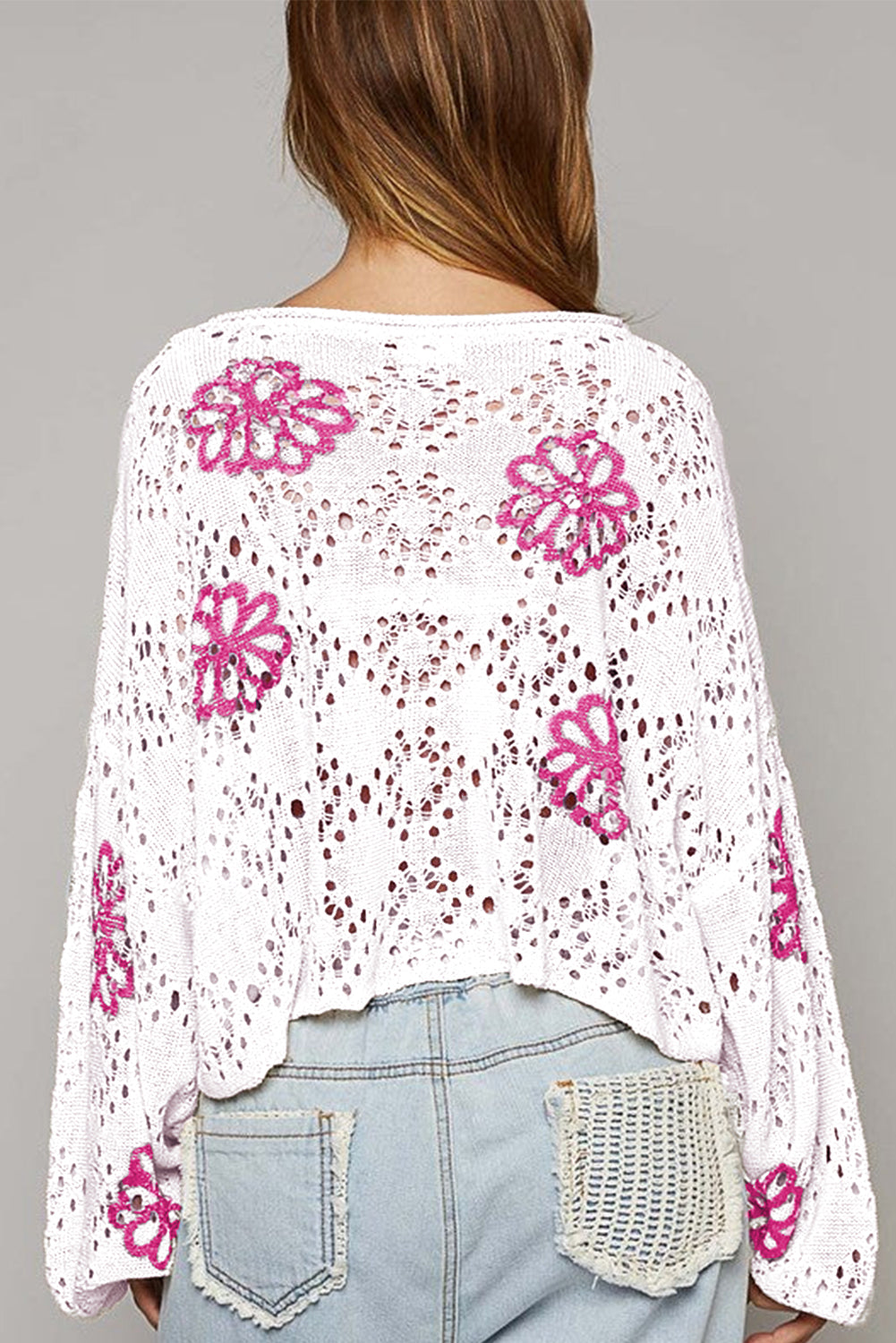 Flower Print Drop Shoulder Hollow Knit Sweater