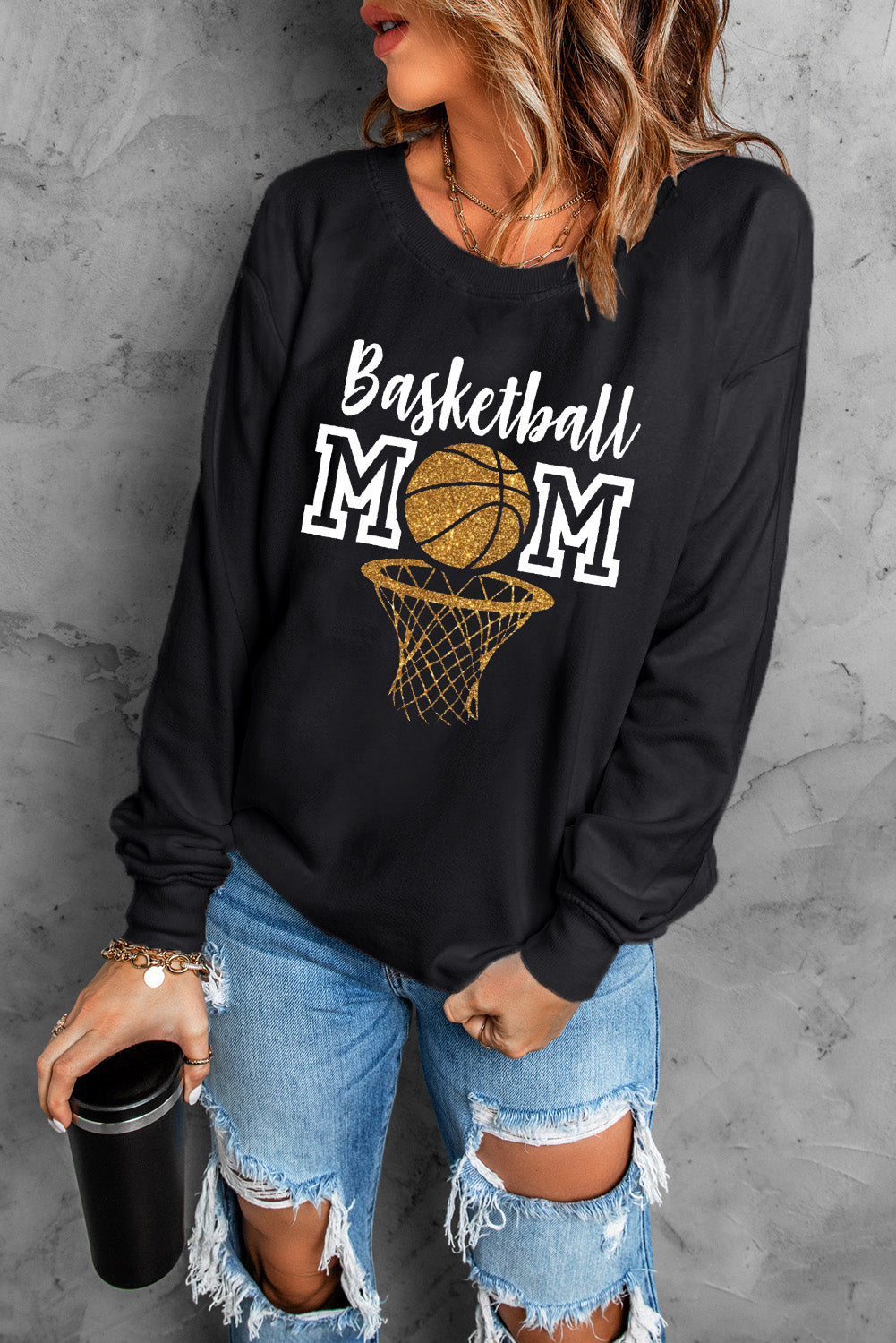 Basketball MOM Graphic Long Sleeve Round Neck Top