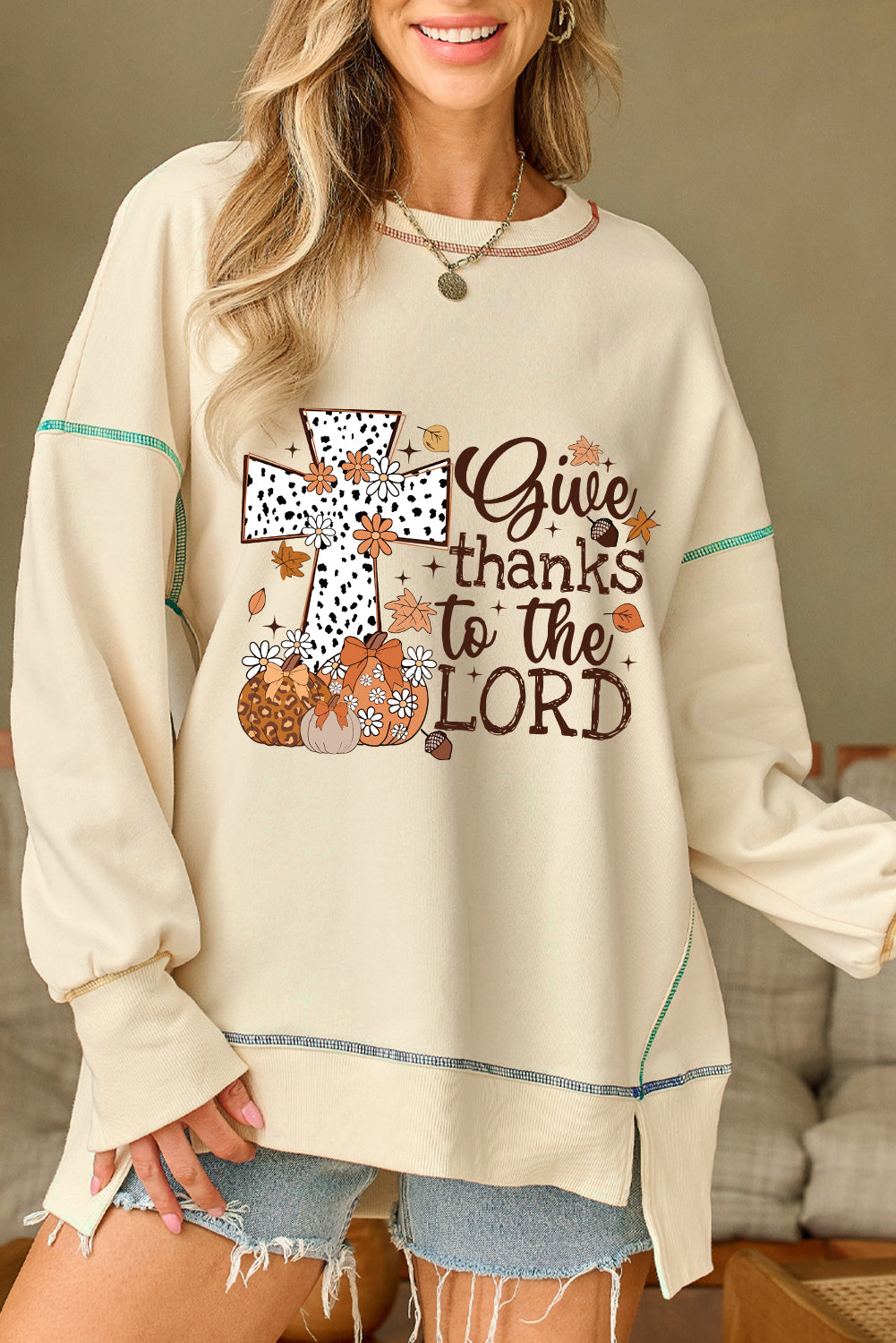 "Give Thanks to the LORD" Graphic High Low Hem Loose Sweatshirt