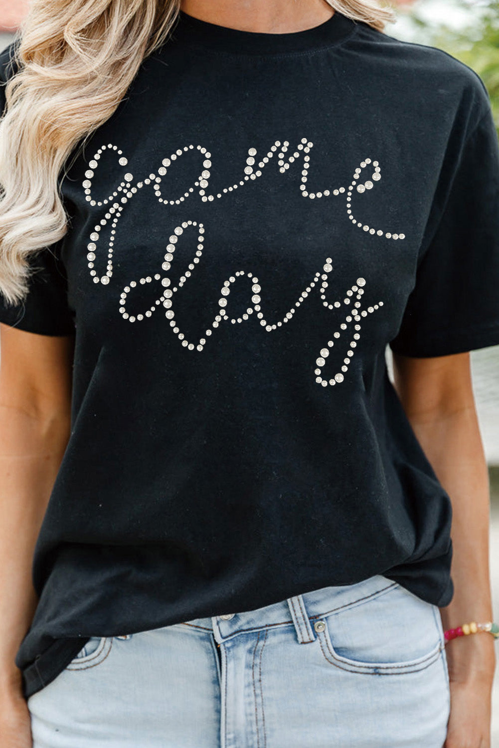 Black Game Day Letter Rhinestone Print Graphic Tee