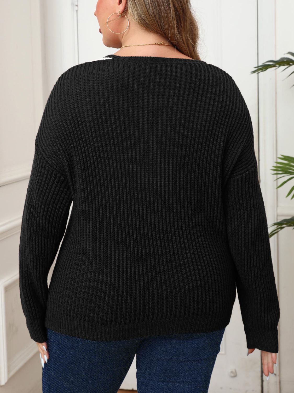 Black with White accent Dropped Shoulder Long Sleeve Sweater