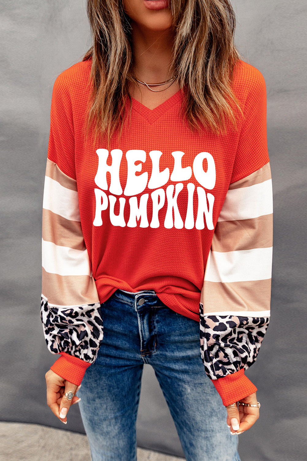 "Hello Pumpkin" Graphic Leopard Striped Colorblock Top