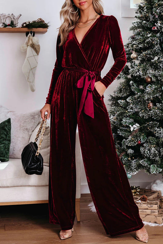 Fiery Red Velvet Pocketed Wide Leg Jumpsuit