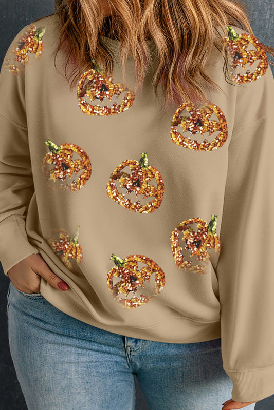 Apricot Sequin Pumpkin Face Graphic Plus Size Halloween Sweatshirt